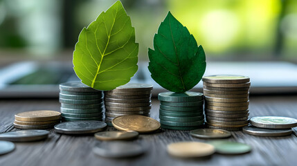 Green Leaves Growing On Stacks Of Coins On Blur Background