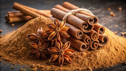 Wall Mural - Aromatic cinnamon sticks and ground cinnamon with star anise on background, spice, seasoning, ingredient, culinary, food