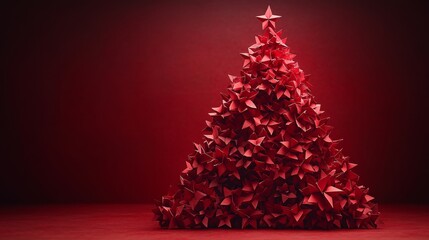 Minimalist origami Christmas tree displayed against a bold red backdrop during the holiday season