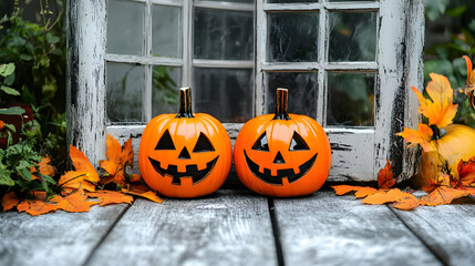 Two Carved Pumpkins Sit On a Rustic Porch for Halloween Decoration