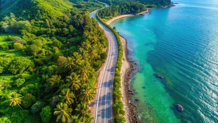 Wall Mural - Aerial view of a stunning tropical coastal road in Trat Province, Thailand , Aerial, View, Tropical, Coastal, Road, Lush