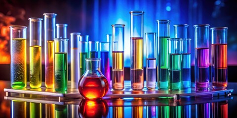 Wall Mural - Colorful test tubes filled with liquid chemicals in a science lab under dramatic lighting , science