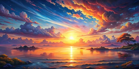 Wall Mural - Japanese style oil painting of a breathtaking sunset on the horizon, Japanese,beautiful, sunset, horizon