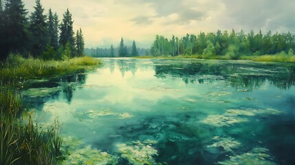 Wall Mural - Serene Lake Reflecting Forest and Clouds.