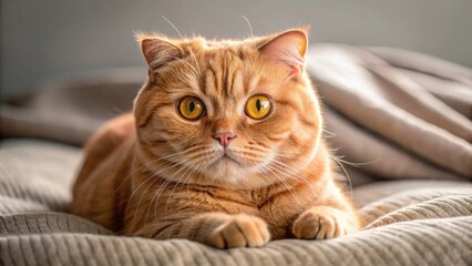 Sticker - Red-haired Scottish fold cat with yellow eyes lounging on a cozy bed, Scottish fold, cat, red-haired, yellow eyes, bed