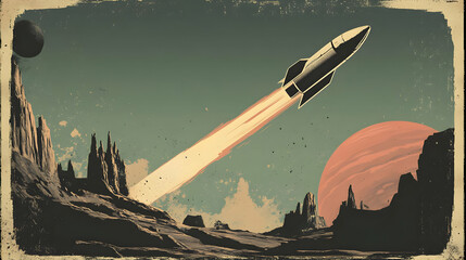 vintage illustration of rocket launching from alien planet with two moons