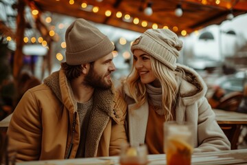 Poster - Beautiful young couple in warm clothes and hats are sitting in a cafe.