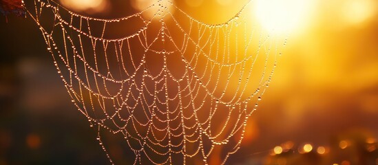 Dew drops glisten on a spider web against a warm, sunlit background.