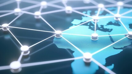 Abstract network connections over a digital map, representing global communication and data exchange, with a focus on interconnected nodes.