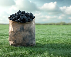 Detailed view of a large paper bag filled with biochar placed on a grassy field, representing sustainable agriculture and ecofriendly packaging, realistic and vibrant