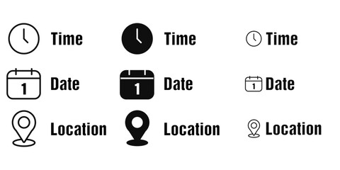 Set of date, time, location icons. Simple management icon sets.