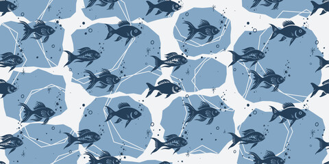 Poster - Pisces swimming in an endless pattern. Abstract background with silhouettes of stylish fish.