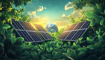 highresolution illustration of solar panels set amidst lush green foliage, with earth in the backgro