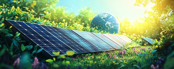 Illustration of solar panels embedded in vibrant greenery with Earth in the background, emphasizing clean energy and sustainable practices, detailed