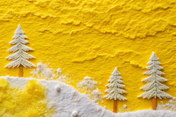 Vibrant yellow texture with subtle grain creates cheerful winter scene featuring white trees on snowy landscape. bright colors evoke sense of warmth and joy