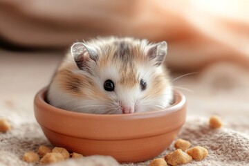 This image shows a chubby, fluffy hamster snugly fitting inside a small clay pot, looking relaxed and content, suggesting a sense of security in its natural habitat.