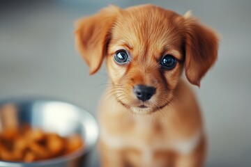 this image features a young brown puppy with expressive blue eyes sitting closely to a food bowl, it