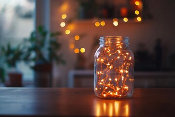 Poster - Mason jar encasing fairy lights emitting a warm glow, set against a homey background with plants and shelves, creating a serene and tranquil atmosphere.