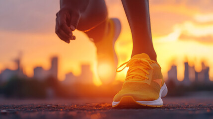 Closeup of Runner's Foot in Yellow Sneakers at Sunset