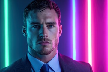 Poster - Serious businessman with intense gaze under neon lights