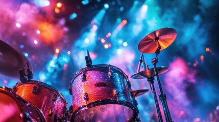 Vibrant Drumming Scene with Colorful Stage Lights