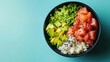 © keetazalay - Close-up of a vibrant poke bowl filled with fresh tuna, avocado, and rice, set against a minimalist blue background