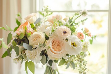 Aufkleber - A beautiful arrangement of flowers, including roses and eucalyptus, is elegantly displayed in a vase, gently illuminated by soft, natural light from a nearby window.