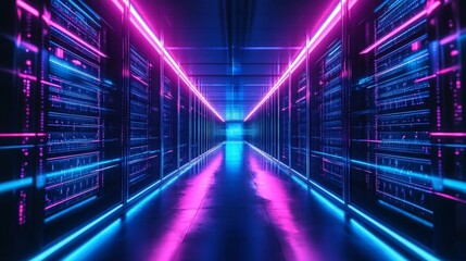 Wall Mural - futuristic digital tunnel with neon lights, showcasing abstract lines representing network connectiv