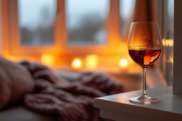 A cozy living area features a blanket and lit candles beside a wine glass, capturing a serene moment of relaxation and escape from the busy world outside.