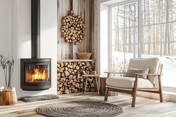 Modern living room interior with fireplace and armchair.