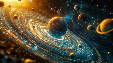 Wall Mural - blue planet orbiting around bright star in vivid galaxy