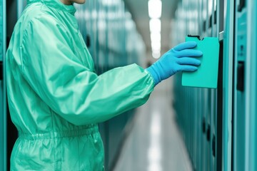 Worker in protective suit organizing items in a storage locker, sanitized environment.