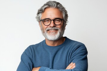 Happy mature old bearded man with dental smile, cool mid aged gray haired older senior hipster wearing blue sweatshirt standing isolated on white background looking at camera, headshot