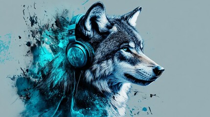 Abstract blue wolf wearing headphones surrounded by dynamic paint splatter, featuring vibrant colors and modern urban art elements for eye-catching digital backgrounds and creative design projects