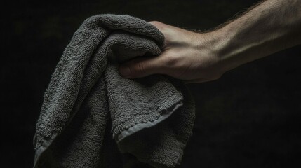 A hand holding a gray towel on a dark background.