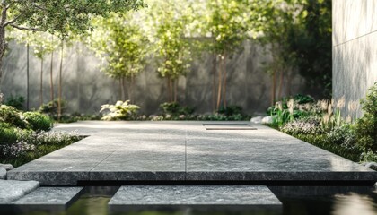 Wall Mural - A serene, minimalist garden setting with a concrete platform, surrounded by lush greenery and a small pond.