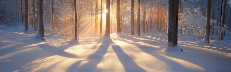 Sunlight filters through snow-covered trees in a winter forest at dawn, casting long shadows on the pristine ground