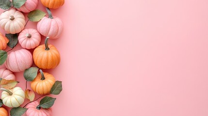 Canvas Print - Light pink and orange pumpkins with leaves arranged in a line on left side with empty space for text