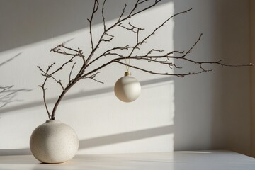 Aufkleber - A minimalist aesthetic featuring a bare branch adorned with a single ornament, bathed in soft, natural light, evoking a sense of tranquility and simplicity.