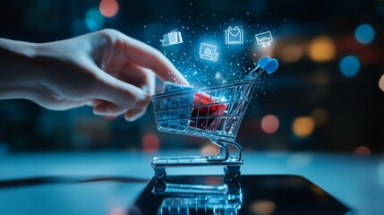 Wall Mural - a hand places a red item into a shopping cart, surrounded by glowing icons representing online shopp