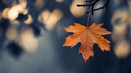 Orange maple leaf hanging in autumn rain, with water droplets enhancing the texture of the leaf.