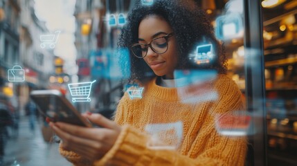 Wall Mural - a young woman in a cozy sweater uses her smartphone, surrounded by digital shopping icons, in an urb