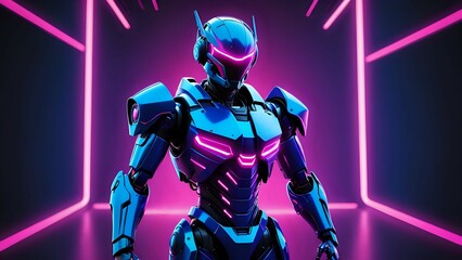 A blue robot with glowing pink accents stands in a futuristic space.