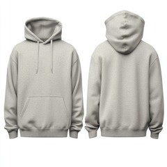 Front and back view of a gray hoodie with no print on background