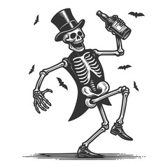 Wall Mural - Halloween party dancing skeleton with bottle surrounded by bats sketch engraving generative ai raster illustration. Scratch board imitation. Black and white image.