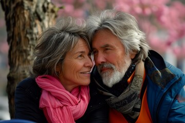 Wall Mural - Portrait of an elderly couple on the background of a blossoming tree