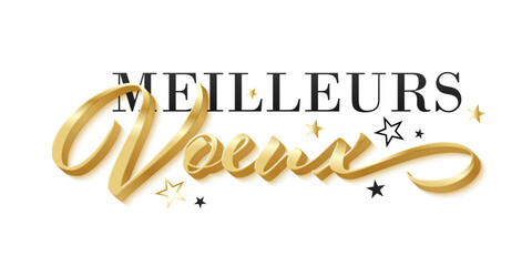 MEILLEURS VOEUX (SEASON'S GREETINGS in French) black and metallic gold vector typography banner with stars on white background