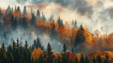 Sticker - Misty Autumn Forest with Golden Leaves and Tall Pines