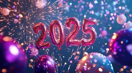 2025 New Year Celebration with Colorful Balloons and Confetti