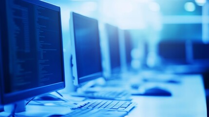 modern computer lab, monitors and keyboards in row, technology, education, and business concept.